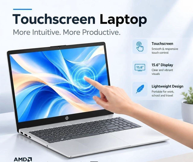Alt view image 3 of 5 - HP 15 Laptop, 15.6" FHD Touchscreen, AMD Ryzen 5 7530U 6 Cores Processor, AMD Radeon Graphics, WiFi 6, Bluetooth 5.4, Numeric Keypad, 64GB DDR4 4TB PCIe SSD, Windows 11 Pro