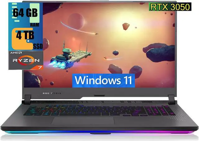 Main image of ASUS ROG Strix G17 Gaming Laptop, 17.3" FHD 144Hz Display, AMD Ryzen 7 6800H 8 cores Processor, NVIDIA GeForce RTX 3050 4GB GDDR6, 64GB DDR5  4TB PCIe SSD, RGB Keyboard, Windows 11