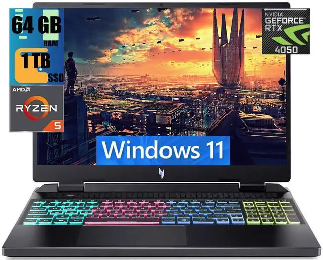 Main image of Acer Nitro 16 Gaming Laptop, 16" WUXGA 165Hz Display, AMD Ryzen 5 7640HS Hexa-Core Processor, GeForce RTX 4050 6GB Graphic, 64GB DDR5  1TB PCIe SSD, WiFi 6E, RGB Backlit KB, Windows 11