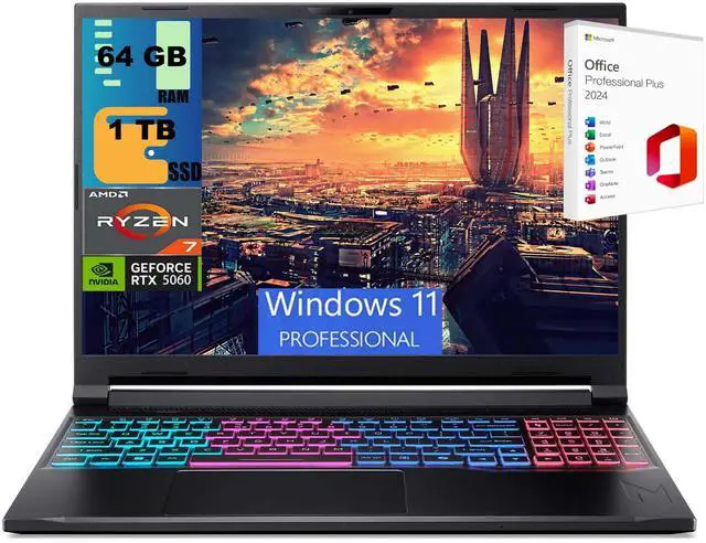 Main image of Acer Nitro 16 Gaming Laptop, 16" WUXGA 180Hz Display, AMD Ryzen 7 260 Octa-Core Processor, NVIDIA GeForce RTX 5060 8 GB GDDR7, 64GB DDR5  1TB PCIe SSD, Wi-Fi 6, Windows 11 Pro ,Office 2024 License