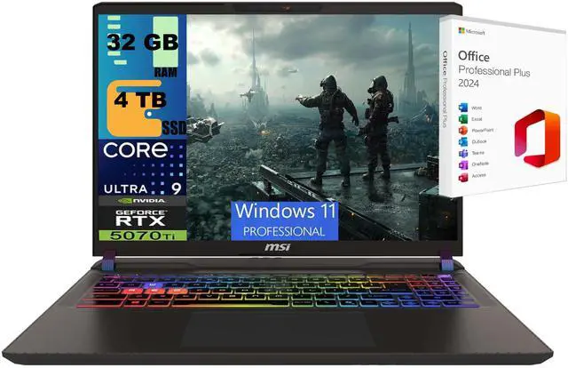 Main image of MSI Vector 16 Gaming Laptop, 16" 240Hz QHD+, Intel Ultra 9- 275HX 24-Cores Processor, NVIDIA GeForce RTX 5070 Ti 12GB GDDR7, 32GB DDR5  4TB  PCIe SSD, Wi-Fi 7, Windows 11 Pro ,Office 2024 License