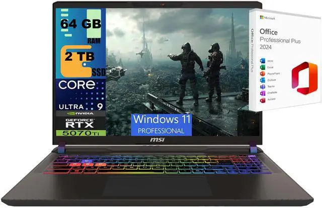 Main image of MSI Vector 16 Gaming Laptop, 16" 240Hz QHD+, Intel Ultra 9- 275HX 24-Cores Processor, NVIDIA GeForce RTX 5070 Ti 12GB GDDR7, 64GB DDR5  2TB PCIe SSD, Wi-Fi 7, Windows 11 Pro ,Office 2024 License