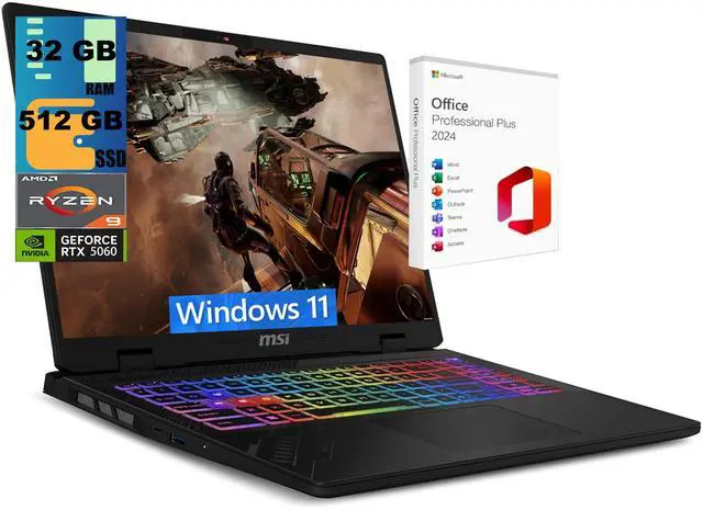 Main image of MSI Crosshair A16 Gaming Laptop, 16" QHD+ 240Hz, AMD Ryzen 9 8940HX 16-Core Processor, NVIDIA GeForce RTX 5060 8 GB GDDR7, 32GB DDR5  512GB PCIe SSD, Wi-Fi 6E, Windows 11 ,Office 2024 License