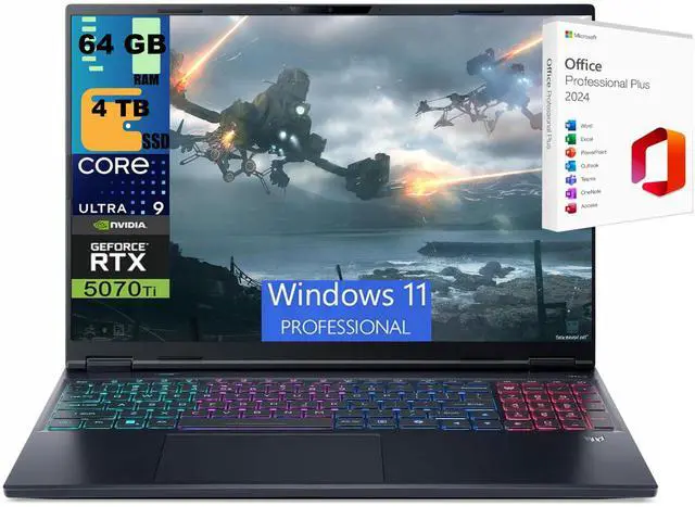 Main image of Acer Predator Helios Neo 16 Gaming Laptop, 16" WQXGA 240Hz, Intel Core Ultra 9 275HX 24-Cores Processor, RTX 5070 Ti 12GB GDDR7, 64GB DDR5  4TB PCIe SSD, Windows 11 Pro ,Office 2024 License