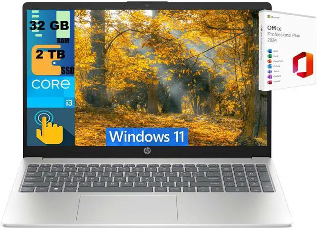 Main image of HP 15 Laptop, 15.6" HD (1366 x 768) Touchscreen, Intel Core i3-1315U 6 cores processor, Intel UHD Graphics, 32GB DDR4 2TB PCIe SSD, Wi-Fi 6E, Windows 11 ,Office 2024 License