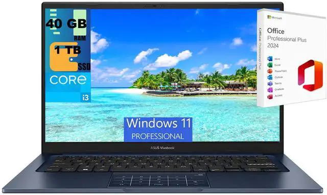 Main image of ASUS Vivobook 14 Laptop, 14" FHD Display, Intel Core i3-1315U 6 cores Processor, Intel UHD Graphics, 40GB DDR4  1TB PCIe SSD, Wi-Fi, Bluetooth, Windows 11 Pro ,Office 2024 License