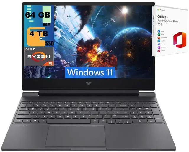 Main image of HP Victus 15 Gaming Laptop, 15.6" FHD 144Hz Display, AMD Ryzen 5 7535HS 6 cores Processor, AMD Radeon RX 6550M, 64GB DDR5 4 TB PCIe SSD, Backlit Keyboard, Windows 11 ,Office 2024 License
