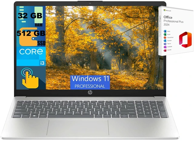 Main image of HP 15 Laptop, 15.6" HD (1366 x 768) Touchscreen, Intel Core i3-1315U 6 cores processor, Intel UHD Graphics, 32GB DDR4 512GB PCIe SSD, Wi-Fi 6E, Windows 11 Pro,Office 2024 License