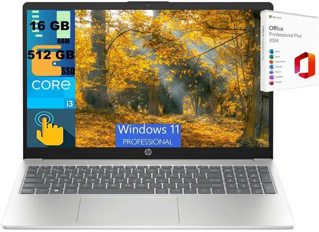 Main image of HP 15 Business Laptop, 15.6" HD (1366 x 768) Touchscreen, Intel Core i3-1215U 6 Cores Processor, Intel UHD Graphics, 16GB DDR4 512GB PCIe SSD, Bluetooth, Wi-Fi, Windows 11 Pro, Office 2024 License