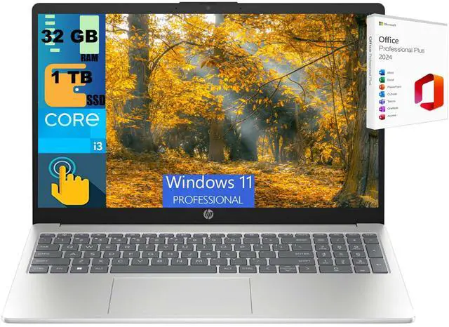 Main image of HP 15 Business Laptop, 15.6" HD (1366 x 768) Touchscreen, Intel Core i3-1215U 6 Cores Processor, Intel UHD Graphics, 32GB DDR4 1 TB PCIe SSD, Bluetooth, Wi-Fi, Windows 11 Pro, Office 2024 License