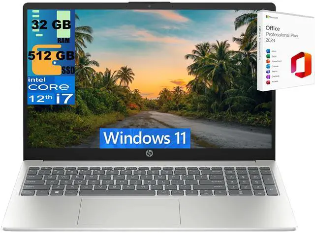 Main image of HP 15 Laptop, 15.6" FHD (1920 x 1080) Display, Intel Core i7-1255U 10-Core processor, Intel Iris Xe Graphics, 32GB DDR4 512GB PCIe SSD, Wi-Fi 6 and Bluetooth 5.3, Windows 11 ,Office 2024 License