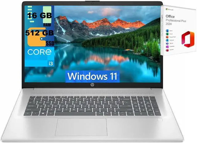 Main image of HP 17 Laptop, 17.3" FHD (1920 x 1080) Display, Intel Core i3-N305 8 Cores Processor, Intel UHD Graphics, 16GB DDR4 512GB PCIe SSD, Fingerprint Reader, Wi-Fi 6, Windows 11 ,Office 2024 License