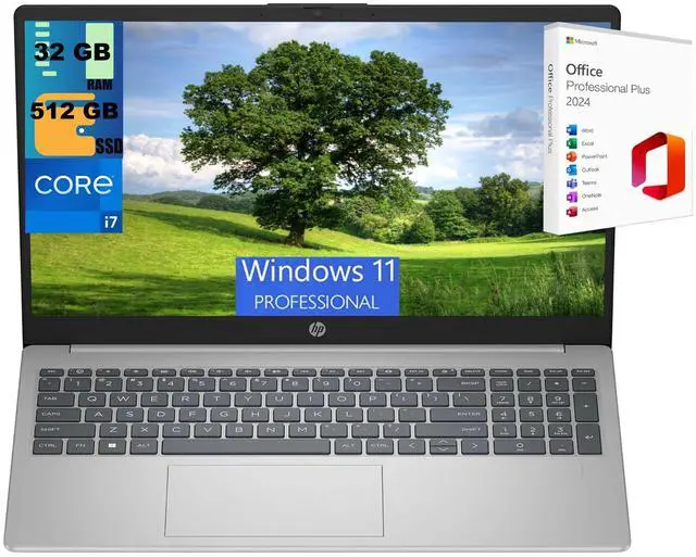 Main image of HP 15 Laptop, 15.6" FHD (1920 x 1080) Display, Intel Core i7-1355U 10-Core Processor, Intel Iris Xe Graphics, 32GB DDR4 512GB PCIe SSD, Wi-Fi 6 and Bluetooth 5.3, Windows 11 Pro,Office 2024 License
