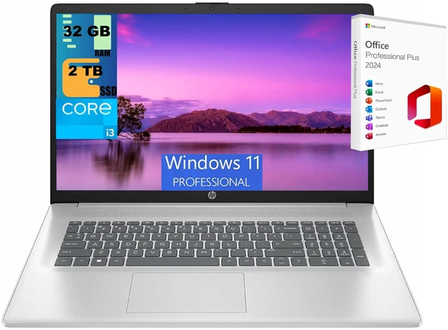 Main image of HP 17 Laptop, 17.3" HD + Display, Intel Core i3-N305 8-Cores Processor, Intel UHD Graphics, 32GB DDR4 2 TB PCIe SSD, Bluetooth, Wi-Fi 6, Windows 11 Pro,Office 2024 License