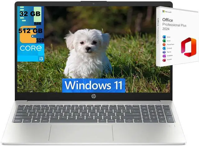 Main image of HP 15 Laptop, 15.6" FHD (1920 x 1080) Display, Intel Core i3-N305 8 Cores Processor, Intel UHD Graphics, 32GB DDR4 512GB PCIe SSD, Wi-Fi 6 - Bluetooth 5.3, Windows 11 ,Office 2024 License