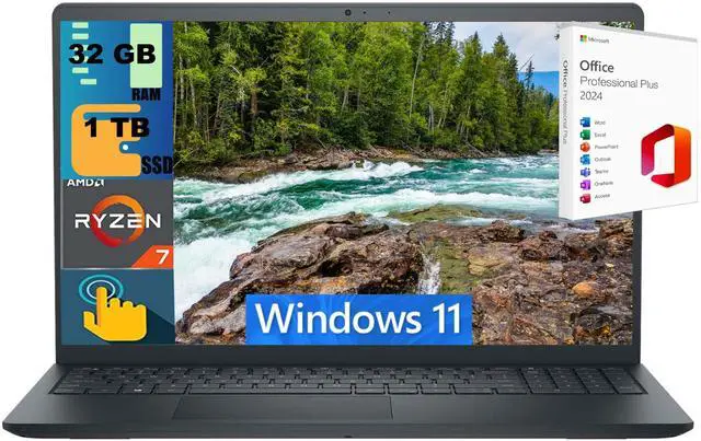 Main image of Dell Inspiron 15 Laptop, 15.6" Full HD Touchscreen, AMD Ryzen 7 7730U Octa-Core Processor, AMD Radeon Graphics, 32GB DDR4 1 TB PCIe SSD, Wi-Fi 5 + Bluetooth 5, Windows 11,Office 2024 License