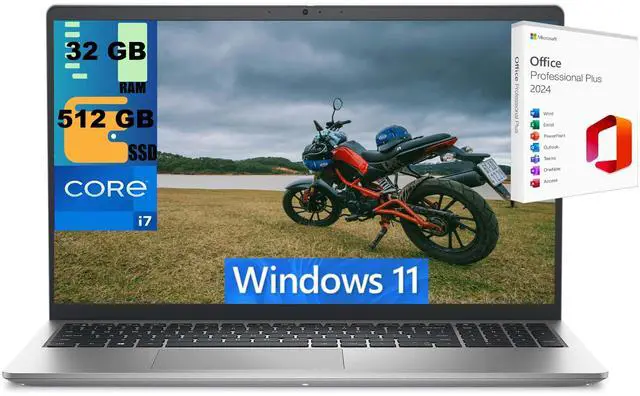 Main image of Dell 15 Laptop, 15.6" FHD (1920x1080) Display, Intel Core i7-1355U 10 cores Processor, Intel UHD Graphics, 32GB DDR4 512GB PCIe SSD, Backlit KB, Windows 11 ,Office 2024 License