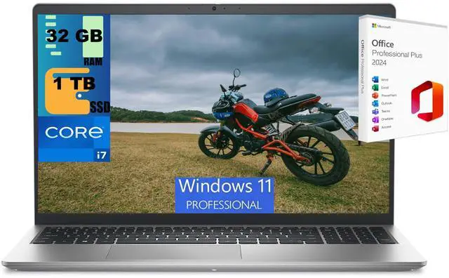 Main image of Dell 15 Laptop, 15.6" FHD (1920x1080) Display, Intel Core i7-1355U 10 cores Processor, Intel UHD Graphics, 32GB DDR4 1 TB PCIe SSD, Backlit KB, Windows 11 Pro,Office 2024 License