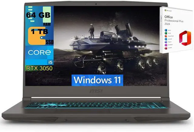 Main image of MSI Thin 15 Gaming Laptop, 15.6" FHD 144Hz, Intel Core i5-13420H 8 cores Processor, NVIDIA GeForce RTX 3050 4 GB, 64GB DDR5 1 TB PCIe SSD, Backlit Keyboard, Windows 11 ,Office 2024 License
