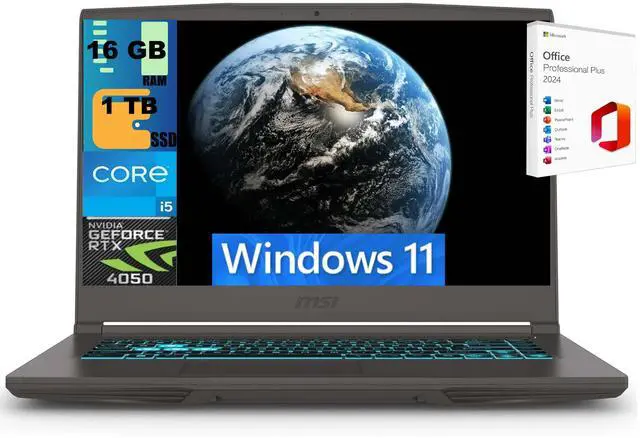 Main image of MSI Thin 15 Gaming Laptop, 15.6" FHD 144Hz, Intel Core i5-13420H 8 cores Processor, NVIDIA GeForce RTX 4050 6GB Graphic, 16GB DDR5 1 TB PCIe SSD, Backlit Keyboard, Windows 11 ,Office 2024 License