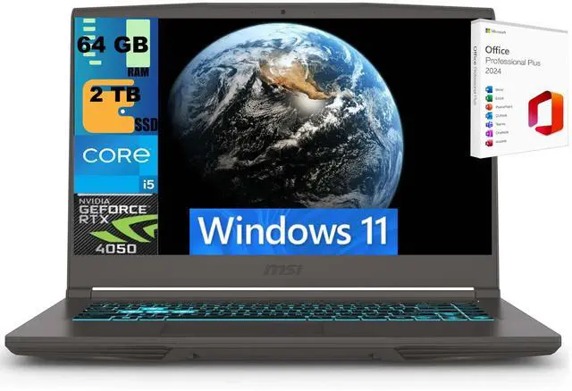 Main image of MSI Thin 15 Gaming Laptop, 15.6" FHD 144Hz, Intel Core i5-13420H 8 cores Processor, NVIDIA GeForce RTX 4050 6GB Graphic, 64GB DDR5 2 TB PCIe SSD, Backlit Keyboard, Windows 11 ,Office 2024 License