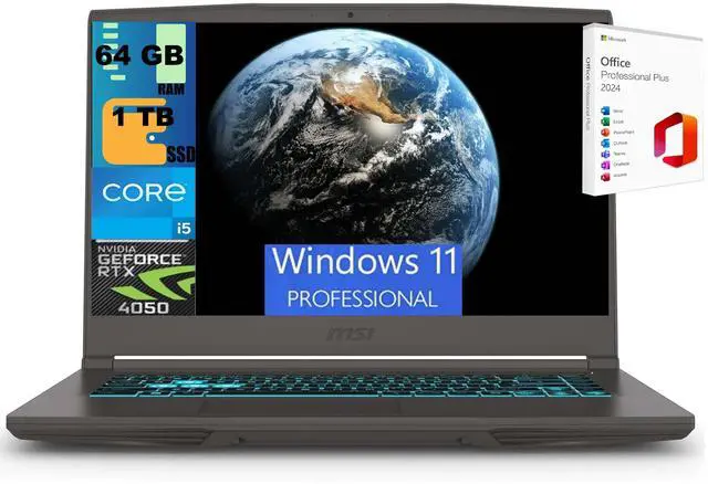 Main image of MSI Thin 15 Gaming Laptop, 15.6" FHD 144Hz, Intel Core i5-13420H 8 cores Processor, NVIDIA GeForce RTX 4050 6GB Graphic, 64GB DDR5 1 TB PCIe SSD, Backlit Keyboard, Windows 11 Pro,Office 2024 License