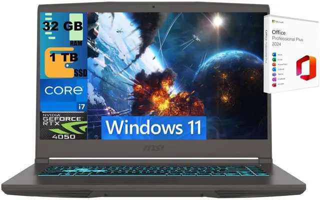 Main image of MSI Thin 15 Gaming Laptop, 15.6" FHD 144Hz, Intel Core i7-13620H 10 cores Processor, NVIDIA GeForce RTX 4050 GDDR6 6GB, 32GB DDR5 1 TB PCIe SSD, WiFi 6E, Windows 11 ,Office 2024 License