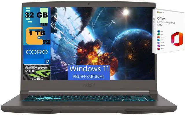 Main image of MSI Thin 15 Gaming Laptop, 15.6" FHD 144Hz, Intel Core i7-13620H 10 cores Processor, NVIDIA GeForce RTX 4050 GDDR6 6GB, 32GB DDR5 1 TB PCIe SSD, WiFi 6E, Windows 11 Pro,Office 2024 License