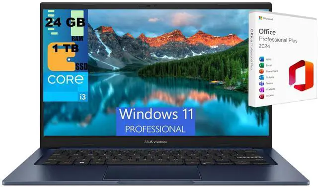 Main image of ASUS Vivobook 14 Laptop, 14" FHD (1920 x 1080) Display, Intel Core i3-1215U 6 Cores Processor, Intel UHD Graphics, 24GB DDR4 1TB PCIe SSD, Wi-Fi 6, HDMI, Webcam, Windows 11 Pro,Office 2024 License