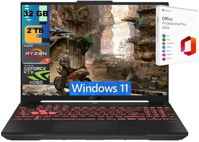 Main image of ASUS TUF A16 Gaming Laptop, 16" Full HD+ 144Hz Display, AMD Ryzen 7 7445HS 6 Cores Processor, NVIDIA GeForce RTX 4050 6 GB, 32GB DDR5 2 TB PCIe SSD, Backlit KB, Windows 11 ,Office 2024 License