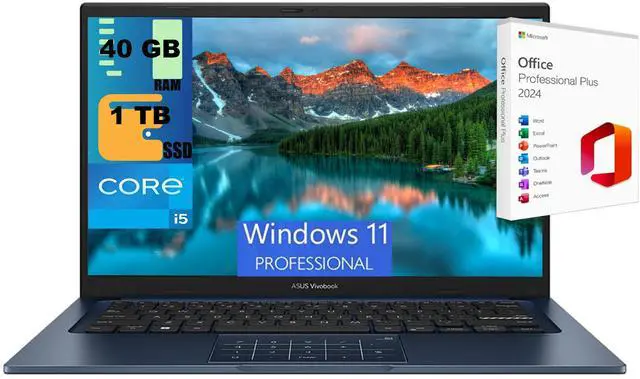 Main image of ASUS Vivobook 14 Laptop, 14" FHD (1920 x 1080) Display, Intel Core i5-1334U 10-Core Pocessor, Intel Iris Xe Graphics, 40GB DDR4 1TB PCIe SSD, Wi-Fi 5 , Windows 11 Pro,Office 2024 License