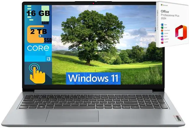 Main image of Lenovo IdeaPad 1 15 Laptop, 15.6" FHD Touchscreen, Intel Core i3-1215U Processor 6 Cores Processor, Intel UHD Graphics, 16GB DDR4 2TB PCIe SSD, Webcam, Wi-Fi 6, Windows 11 ,Office 2024 License