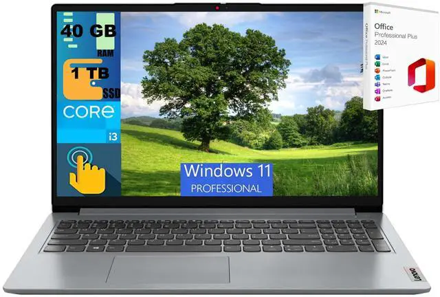 Main image of Lenovo IdeaPad 1 15 Laptop, 15.6" FHD Touchscreen, Intel Core i3-1215U Processor 6 Cores Processor, Intel UHD Graphics, 40GB DDR4 1TB PCIe SSD, Webcam, Wi-Fi 6, Windows 11 Pro,Office 2024 License