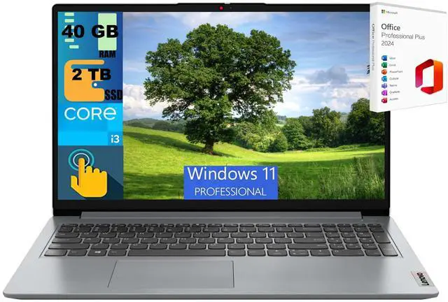 Main image of Lenovo IdeaPad 1 15 Laptop, 15.6" FHD Touchscreen, Intel Core i3-1215U Processor 6 Cores Processor, Intel UHD Graphics, 40GB DDR4 2TB PCIe SSD, Webcam, Wi-Fi 6, Windows 11 Pro,Office 2024 License