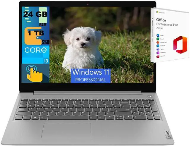 Main image of Lenovo IdeaPad 3 15 Laptop, 15.6" HD Touchscreen, Intel Core i3-1115G4 2 Cores Processor, Intel UHD Graphics, 24GB DDR4 1TB PCIe SSD, Webcam, Wi-Fi 6, Windows 11 Pro,Office 2024 License
