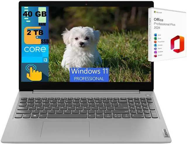 Main image of Lenovo IdeaPad 3 15 Laptop, 15.6" HD Touchscreen, Intel Core i3-1115G4 2 Cores Processor, Intel UHD Graphics, 40GB DDR4 2TB PCIe SSD, Webcam, Wi-Fi 6, Windows 11 Pro,Office 2024 License