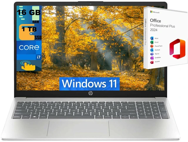 Main image of HP 15 Laptop, 15.6" FHD (1920x1080) Touchscreen, Intel Core i7-1355U 10 cores Processor, Intel Iris Xe Graphics, 16GB DDR4 1 TB PCIe SSD, Bluetooth 5.3, Windows 11 ,Office 2024 License