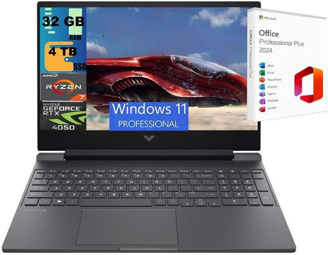 Main image of HP Victus 15 Gaming Laptop, 15.6" FHD 144 Hz, AMD Ryzen 7 7445HS 6 Cores Processor, GeForce RTX 4050 8GB GDDR6 Graphics, 32GB DDR5 4 TB PCIe SSD, Backlit KB, Windows 11 Pro,Office 2024 License