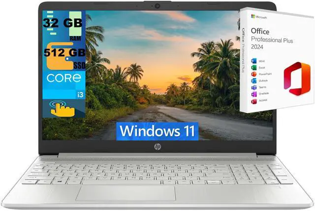Main image of HP 15 Laptop, 15.6" HD Touchscreen, Intel Core i3-1215U 6 cores Processor, Intel UHD Graphics, 32GB DDR4 512GB PCIe SSD, Wi-Fi and Bluetooth, Windows 11 ,Office 2024 License