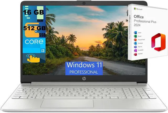 Main image of HP 15 Laptop, 15.6" HD Touchscreen, Intel Core i3-1215U 6 cores Processor, Intel UHD Graphics, 16GB DDR4 512GB PCIe SSD, Wi-Fi and Bluetooth, Windows 11 Pro,Office 2024 License