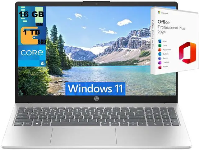Main image of HP 15 Laptop, 15.6 " Full HD Display, Intel Core i5-1235U 10 Cores Processor, Intel Iris Xe Graphics, 16GB DDR4 1 TB PCIe SSD, Wi-Fi 6 and Bluetooth 5.3, Windows 11 Pro,Office 2024 License