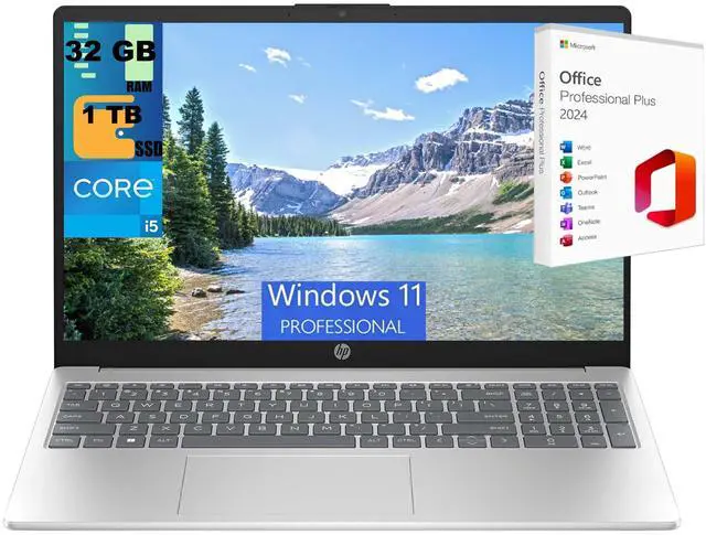 Main image of HP 15 Laptop, 15.6 " Full HD Display, Intel Core i5-1235U 10 Cores Processor, Intel Iris Xe Graphics, 32GB DDR4 1 TB PCIe SSD, Wi-Fi 6 and Bluetooth 5.3, Windows 11 Pro,Office 2024 License