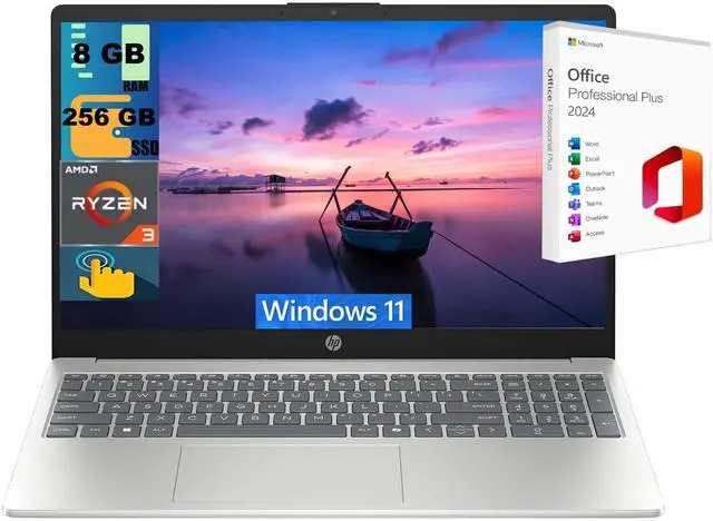 Main image of HP 15 Laptop, 15.6" HD Touchscreen, AMD Ryzen 3 7320U 4 cores Processor, AMD Radeon Graphics, 8GB DDR4 256GB PCIe SSD, Wi-Fi 6, Bluetooth 5.3, Windows 11 Home ,Office 2024 License