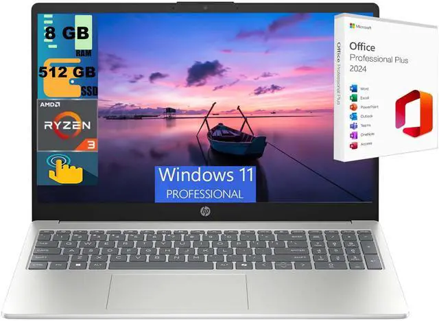 Main image of HP 15 Laptop, 15.6" HD Touchscreen, AMD Ryzen 3 7320U 4 cores Processor, AMD Radeon Graphics, 8GB DDR4 512GB PCIe SSD, Wi-Fi 6, Bluetooth 5.3, Windows 11 Pro ,Office 2024 License