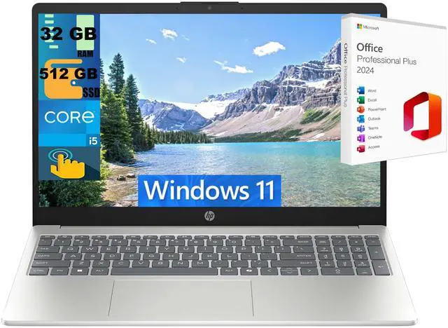 Main image of HP 15 Laptop, 15.6" FHD Touchscreen, Intel Deca-Core i5-1334U Processor, Intel Iris Xe Graphics, 32GB DDR4 512GB PCIe SSD, Wi-Fi 6 and Bluetooth 5.3, Windows 11 ,Office 2024 License