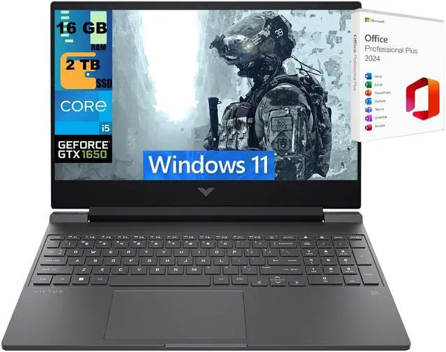 Main image of HP Victus 15 Gaming Laptop, 15.6" FHD 144Hz Display, Intel Core i5-12450H 8 Cores Processor, GeForce GTX 1650 4 GB GDDR5, 16GB DDR4 2 TB PCIe SSD, Backlit KB, Windows 11 ,Office 2024 License