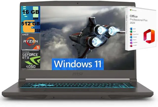 Main image of MSI Thin 15 Gaming Laptop, 15.6" Full HD 144Hz, AMD Ryzen 5 7535HS 6 cores Processor, NVIDIA GeForce RTX 4050 6 GB GDDR6, 16GB DDR5 512GB PCIe SSD, Wi-Fi 6E, Windows 11 ,Office 2024 License