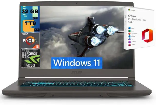 Main image of MSI Thin 15 Gaming Laptop, 15.6" Full HD 144Hz, AMD Ryzen 5 7535HS 6 cores Processor, NVIDIA GeForce RTX 4050 6 GB GDDR6, 32GB DDR5 1 TB PCIe SSD, Wi-Fi 6E, Windows 11 ,Office 2024 License