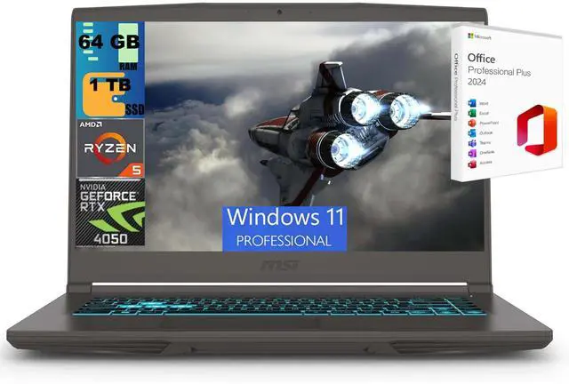 Main image of MSI Thin 15 Gaming Laptop, 15.6" Full HD 144Hz, AMD Ryzen 5 7535HS 6 cores Processor, NVIDIA GeForce RTX 4050 6 GB GDDR6, 64GB DDR5 1 TB PCIe SSD, Wi-Fi 6E, Windows 11 Pro,Office 2024 License
