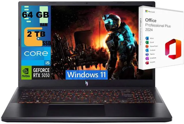 Main image of Acer Nitro V 15 Gaming Laptop, 15.6" Full HD Display, Intel Core i5-13420H 8 cores Processor, NVIDIA GeForce RTX 5050 8GB GDDR7 64GB DDR5 2 TB PCIe SSD, Wi-Fi 6, Windows 11 ,Office 2024 License